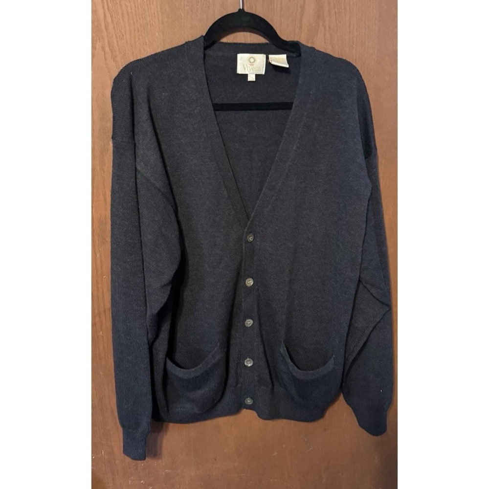 Vintage Viyella Dark Charcoal Black Cardigan Grandpa Sweater 100% Wool Sz XL GB4